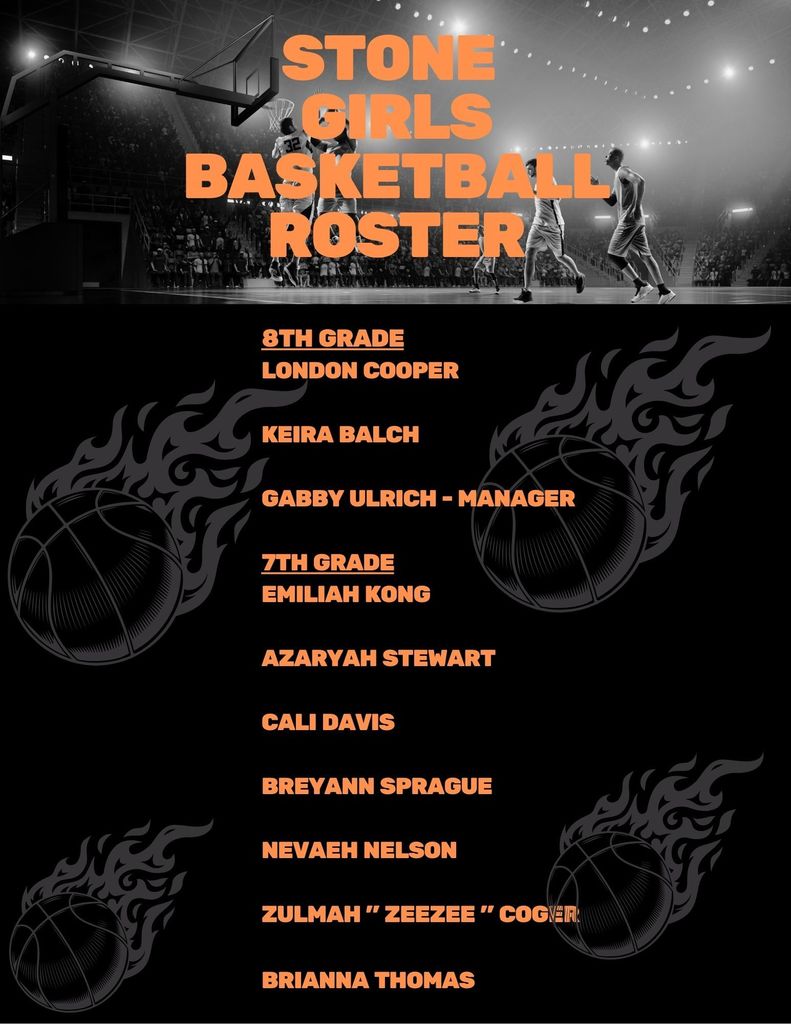 black background with basketballs on fire and a list of the girls basketball team roster