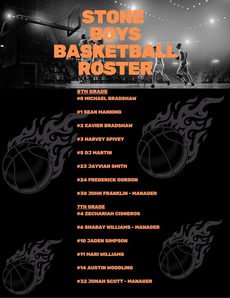 black background with basketballs on fire and a list of the boys basketball team roster