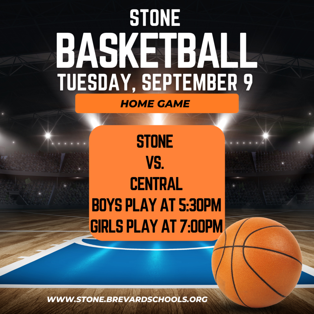 Basketball Game Day! 9-9 home game against central.  boys play at 5:30 girls at5 7:00 words set on orange background in front of a basket ball court