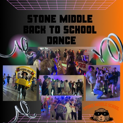 images from the Stone back to school dance set on an orange background with the words Stone Middle back to school dance in black