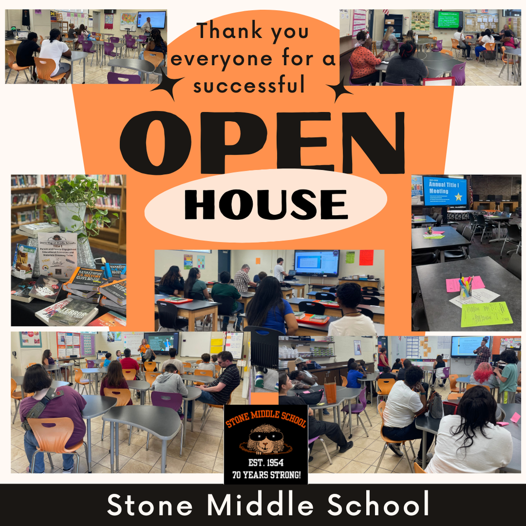 Beige flyer with orange accents stating Thank you everyone for a successful open house and the Stone gopher logo surrounded by pictures from open house classrooms and others. 