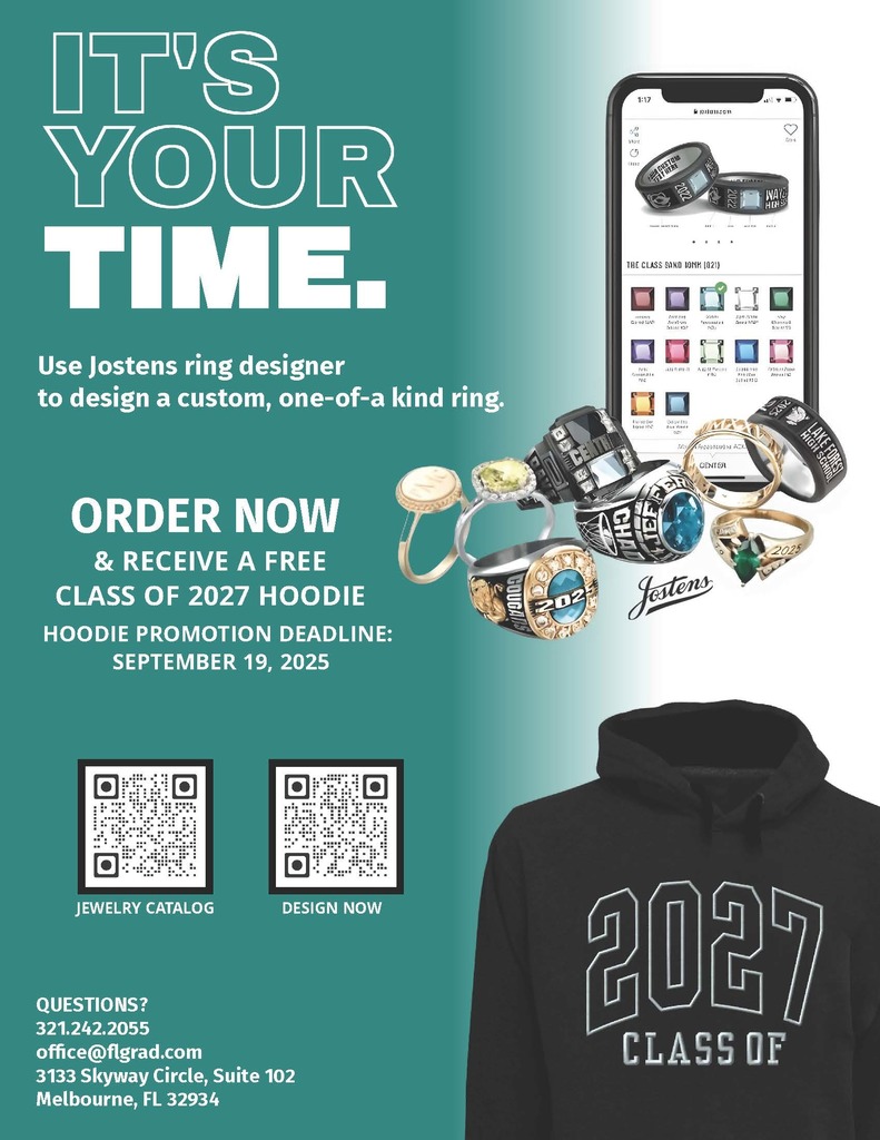 Bayside theme clothing, hats, and jewelry for sale.  If you order before September 19th, you can receive a free class of 2007 hoodie.   QR codes for the catalog and another QR code for the order form.  Any questions please call 321-242-2055 or email at Office@FLGrad.com.