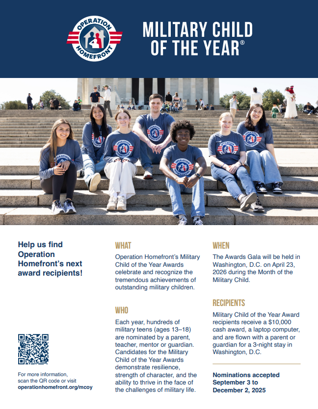 Military Child of the Year award to celebrate and recognize the tremendous achievements of outstanding military children. Nominations accepted through December 2, 2025