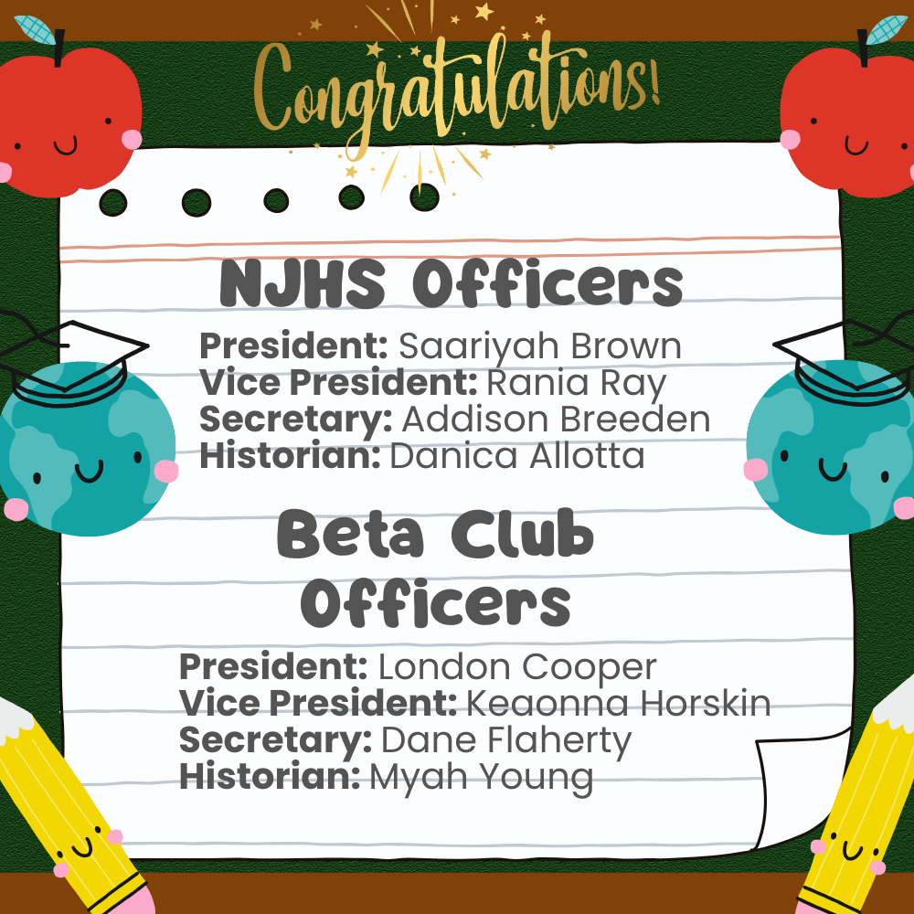 Please congratulate the following students on being elected to an office position in NJHS or Beta Club!  We have a great turn out this year!  NJHS President: Saariyah Brown Vice President: Rania Ray Secretary: Addison Breeden Historian: Danica Allotta  Beta Club President: London Cooper Vice President: Keaonna Horskin Secretary: Dane Flaherty Historian: Myah Young