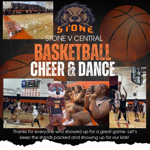 Stone athletic logo in the middle of a square with pictures from the basketball game on Tuesday, September 9