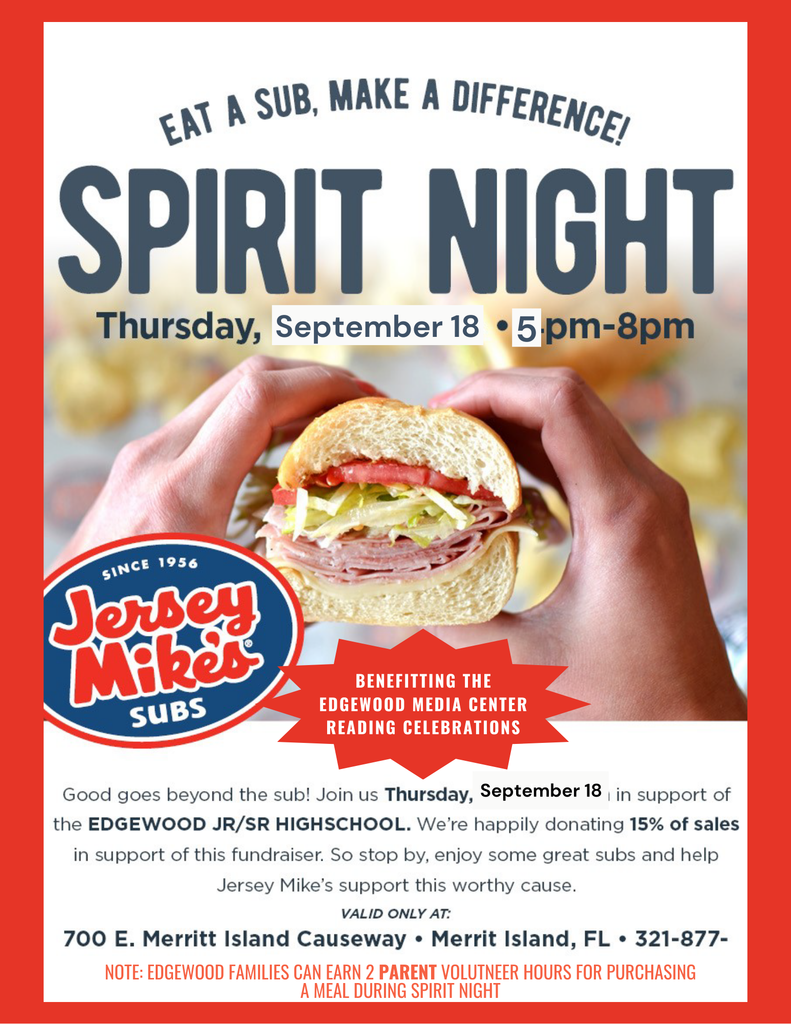 Jersey Mike's Spirit Night: Thu, 9/18, 5-8. Come support the Edgewood Media Center!