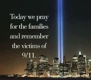 Image of the New York Skyline with two beams of light shooting into the sky iwth the words Today we pray for the families and remember the victims of 9/11