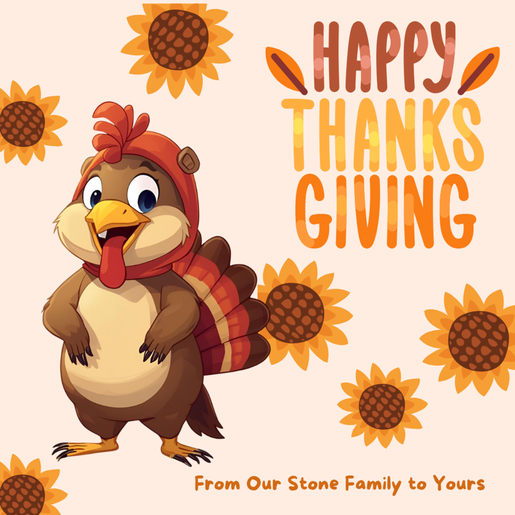 November Thanksgiving  pinking background with sunflowers and the words happy thanks giving from our stone family to yours.  image of a gopher wearing a turkey costume. 