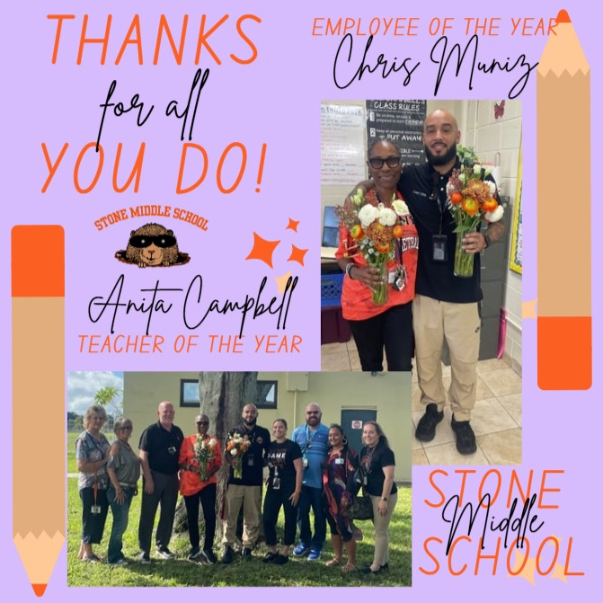 pinkish background with pictures of the teacher and employee of the year for Stone.
