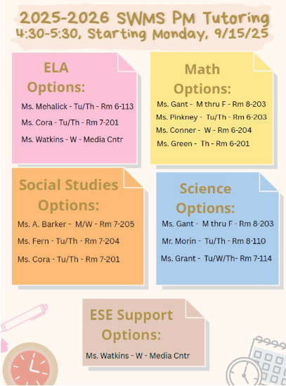 Pink sticky note ELA  options Teachers and room numbers Ms. Mehalick RM 6-113 Ms. Cora Rm 7-201 Ms. Watkins Media Center Yellow sticker Ms. Gant 8-203  Ms. Pinkney Room 6-203 Ms. Conner Rm 6-204 Ms. Green Room 6-201Orange Sticky note Social Studies Options Ms. A Barker Rm7-205 Ms. Fern  7-205 Ms. Cora Rm 7-201 Science Options on blue sticky note Ms. Gant 8-203 Mr. Morin Rm 8-110 Ms. Grant Rm 7-114 ESE Support Ms. Watkins in media center. Has clock, pen and calendar clipart