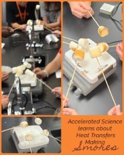 orange background with three pictures of showing accelerated science students learning about heat transfers by making smores