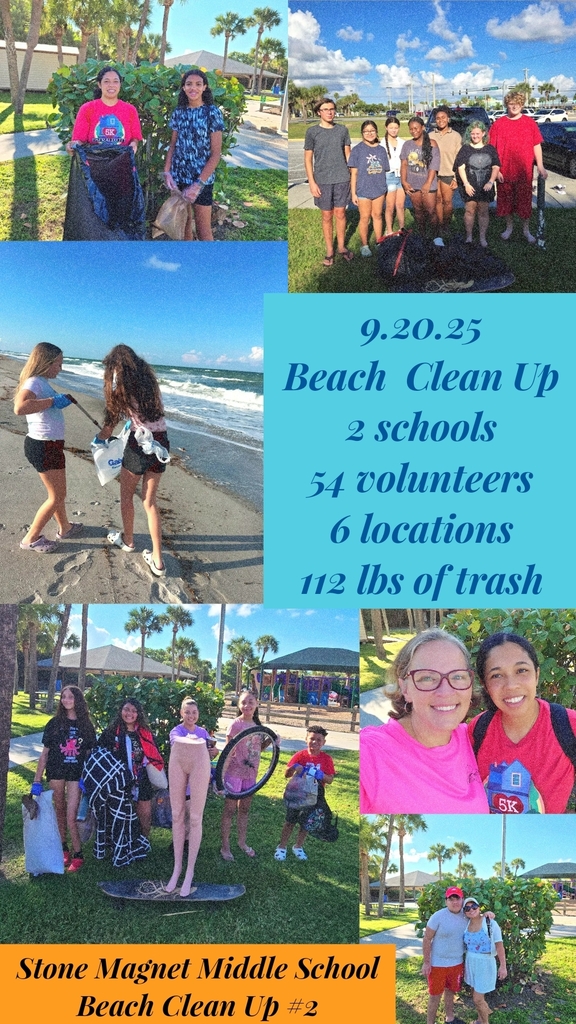 variety of pictures from the second SMMS beach clean up.  The words  " 2 schools, 54 volunteers, 6 locations, 112 lbs of trash" were written.