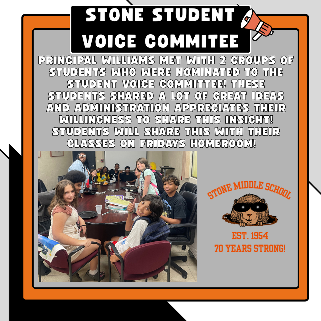 Gray background with picture of student voice committee and stone logo.  Text reads:  STONE STUDENT VOICE COMMITEE PRINCIPAL WILLIAMS MET WITH 2 GROUPS OF STUDENTS WHO WERE NOMINATED TO THE STUDENT VOICE COMMITTEE! THESE STUDENTS SHARED A LOT OF GREAT IDEAS AND ADMINISTRATION APPRECIATES THEIR WILLINGNESS TO SHARE THIS INSIGHT! STUDENTS WILL SHARE THIS WITH THEIR CLASSES ON FRIDAYS HOMEROOM! STONE MIDLE SCHOOLE EST. 1954 70 YEARS STRONG!