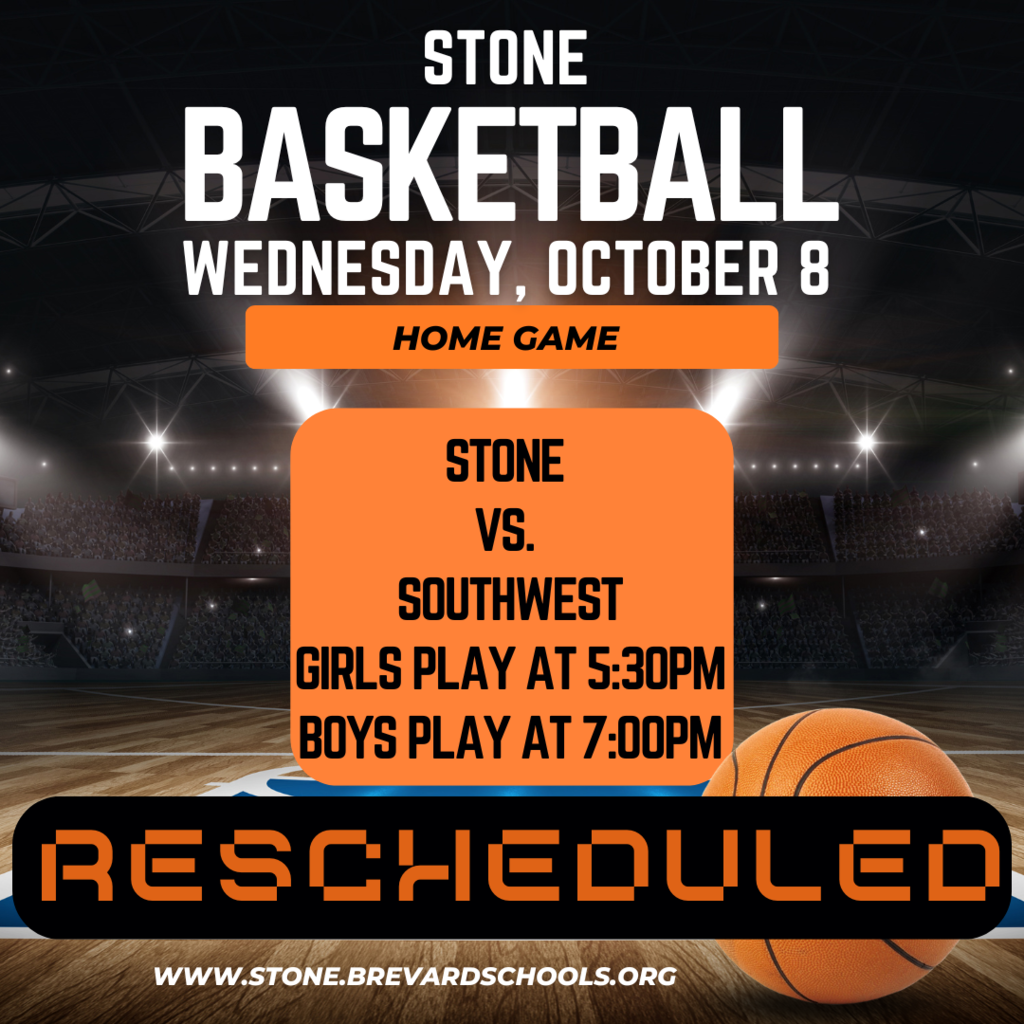basketball court with text information regarding stone versus southwest home game that was rescheduled.  girls play at 5:30 followed by boys at 7.