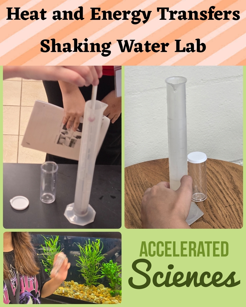 green background with images of students doing science experiments with test tubes and the words heat and energy transfers shaking water lab accelerated sciences