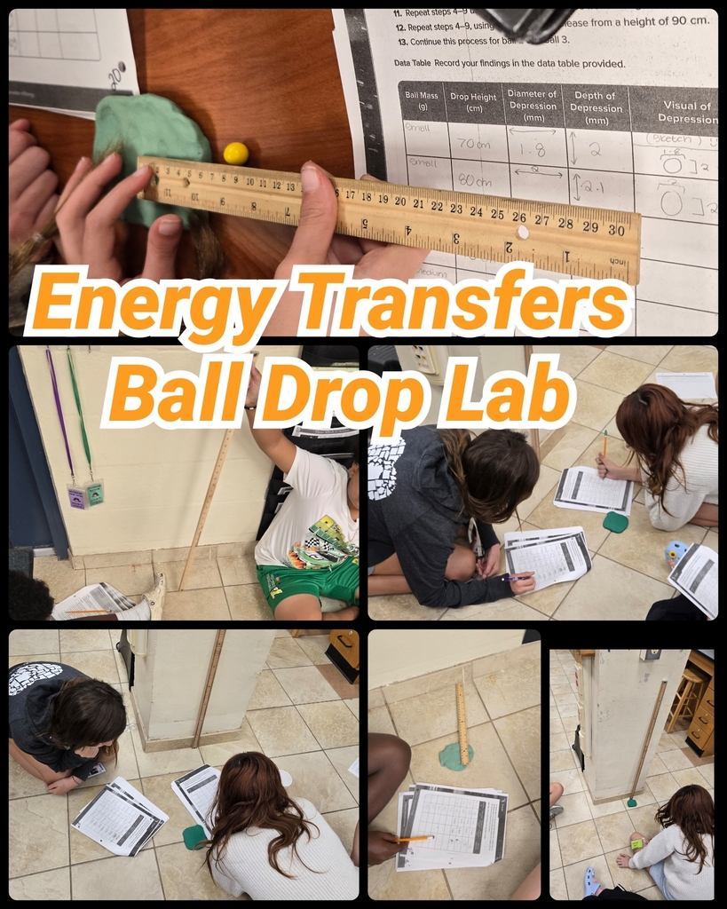 black background with images of students using rulers, small marble sized balls, writing on worksheets and the words energy transfers ball drop lab