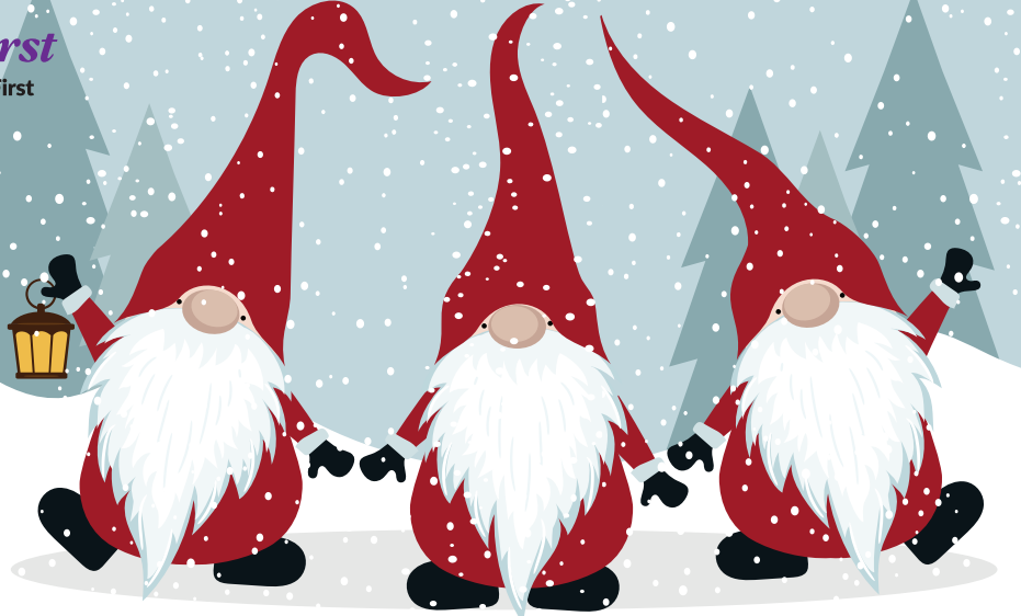Three gnomes with red clothes and hats, white beards, standing in the snow.