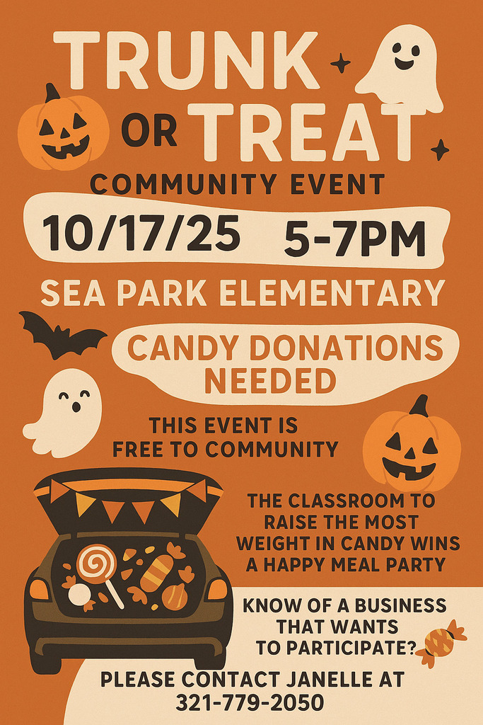 Trunk or Treat on 10/17, Register your vehicle by contacting Janelle Crook at 321-779-2050