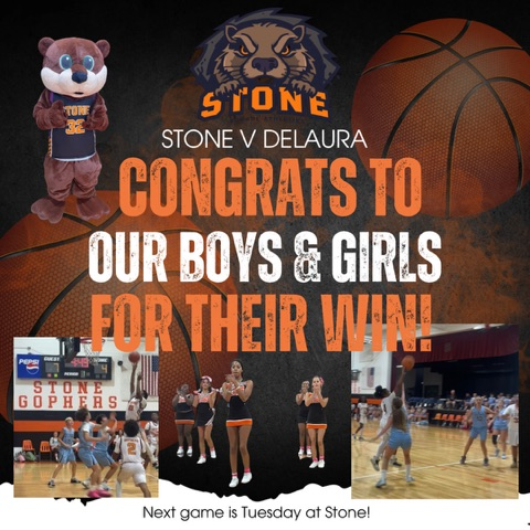 congratulations to our boys and girls basketball teams on their win. Multiple pictures of the team teams and cheer cheerleaders and dance team.