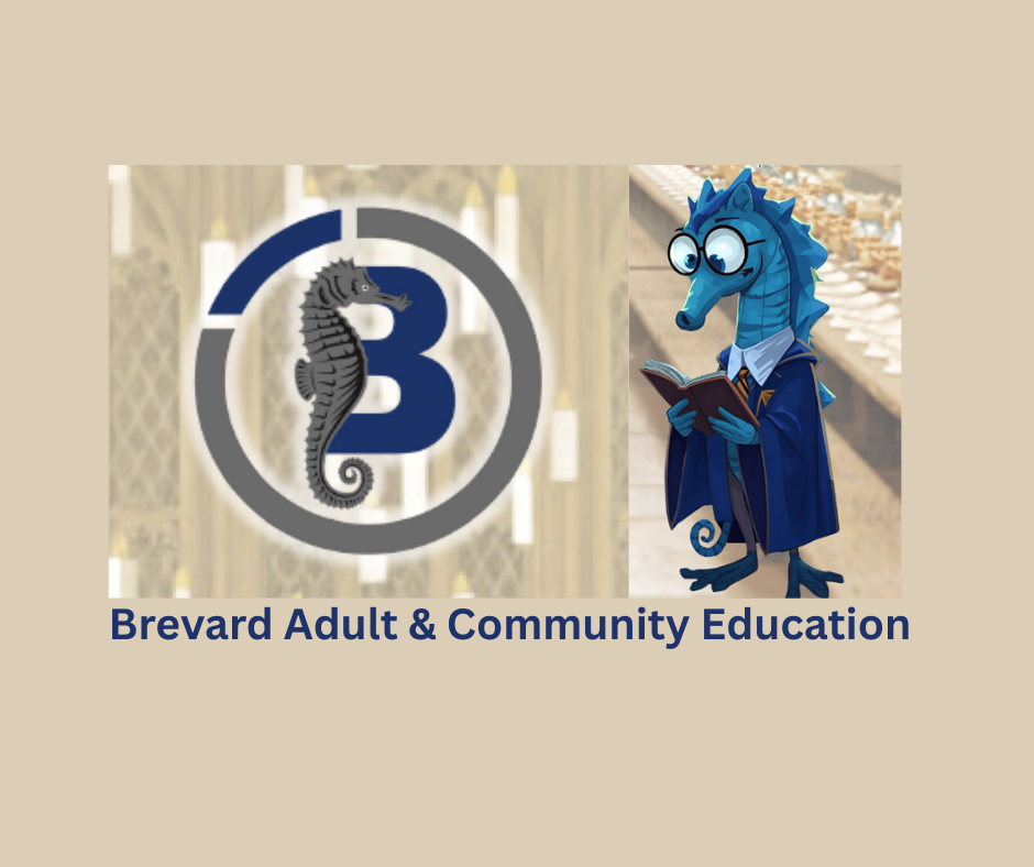 Logo of a letter B with a seahorse, a seahorse wearing scholar robes, reading. Brevard Adult & Community Education