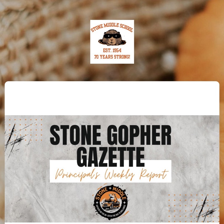 Gray background with Stone logo and the words gopher Gazette principles weekly newsletter