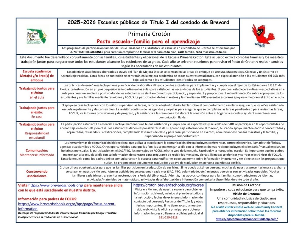 Croton's School-Family Compact for Learning- Spanish