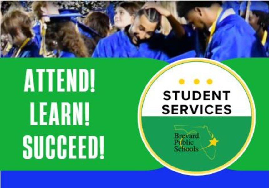 image of people in graduation gows with a green section and the words attend learn succeed with the bps schools logo and the words student services. 