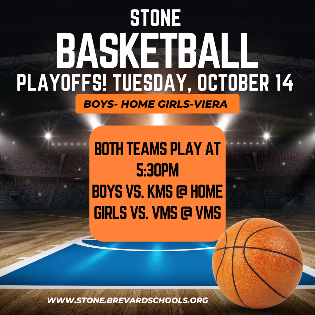 IMAGE OF A BASKETBALL COURT WITH THE WORDS Our boys basketball team is in the playoffs against Kennedy on Tuesday, October 14 at 5:30pm at HOME.  Our girls basketball team is in the playoffs against Viera on Tuesday, October 14 at 5:30pm at Viera Middle School.