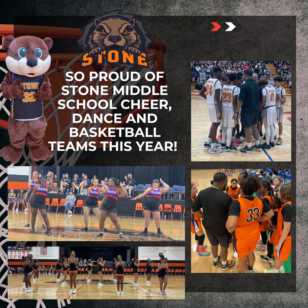 End of Basketball Season with images of players and participants, gopher mascot and stone logo and hte words so proud of stone middle school cheer, dance and basketball teams this year!