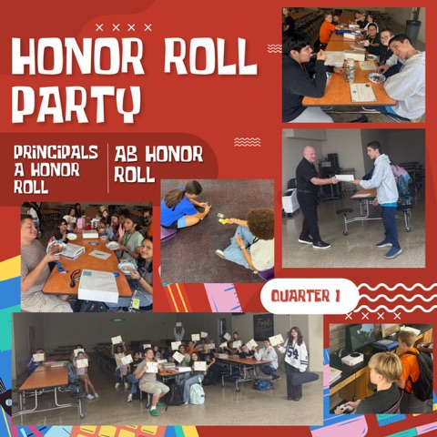 Red background with the words honor roll party and pictures of students with certificates, eating ice cream, and playing games.