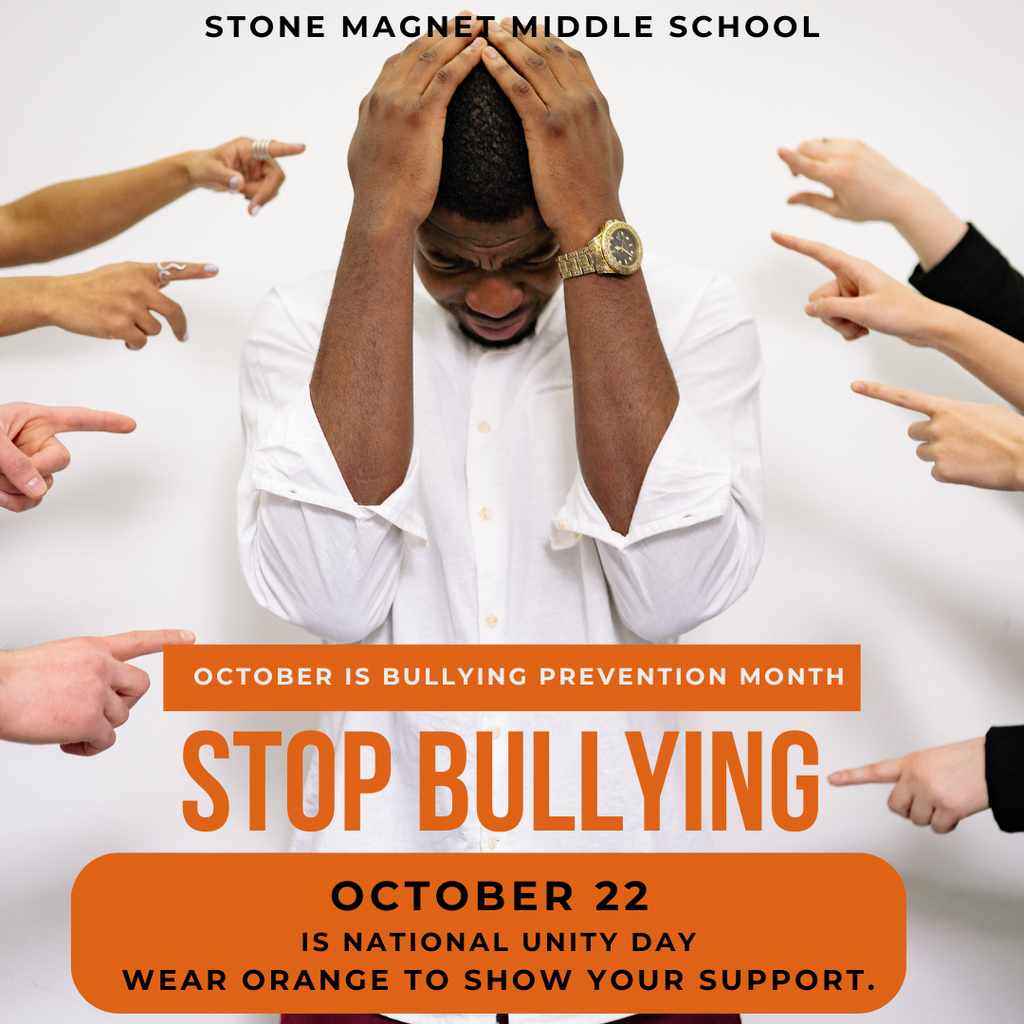 text october is bully prevention month.  white backbround with fingers pointing at distraught man.  Test says stop bullinging.  october 22 is national unity day.  wear orange to show your support. 