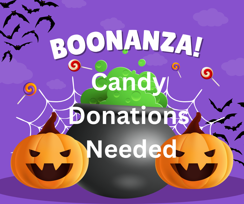 Halloween jack-o-lanterns, cauldron. Boonanza! Candy Donations Needed