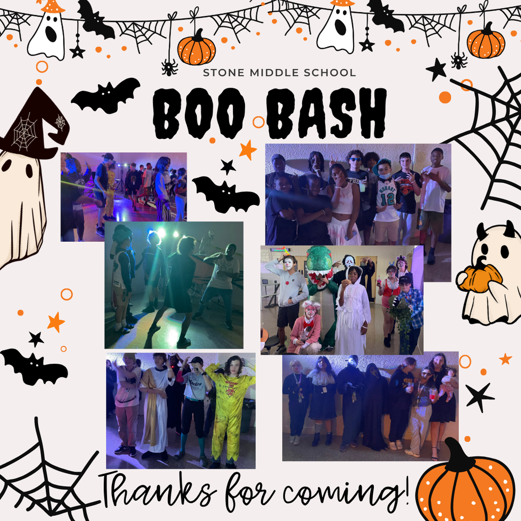 gray background with halloween symbols like pumpkins, ghosts and bats and the words Boo Bash thanks for coming with pictures from the dance. 
