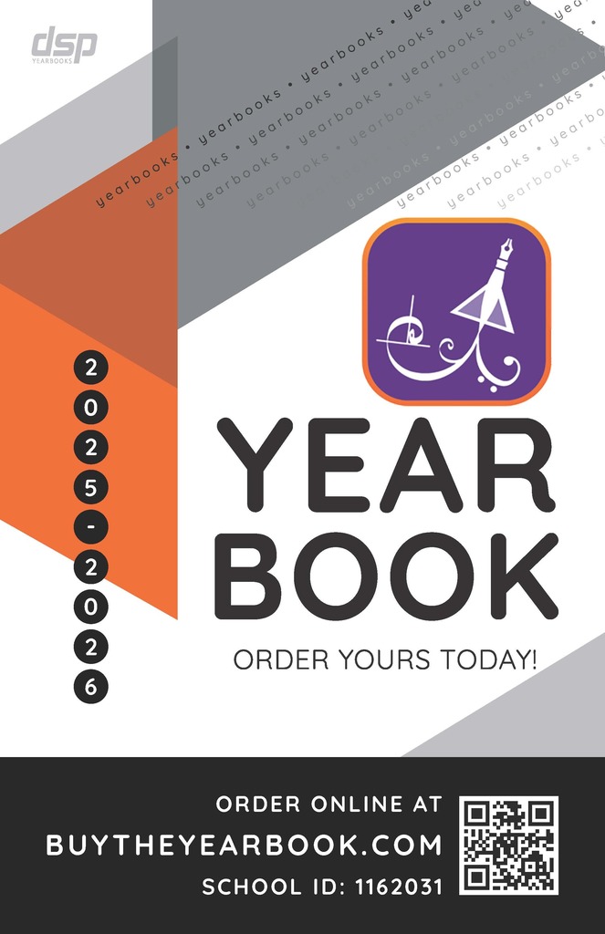 geometric patters in orange gray and white with a qr code and the words YEARBOOKS 2025-2026  Order your yearbook today! Order online at buytheyearbook.com School ID: 1162031