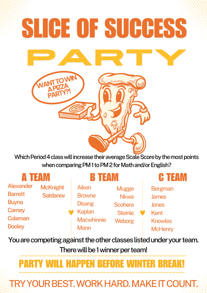 white background with a piece of pizza carrying a pizza box and the words: SLICE OF SUCCESS PARTY WANT TO WIN A PIZZA PARTY?! Which Period 4 class will increase their average Scale Score by the most points when comparing PM 1 to PM 2 for Math and/or English? Participants: A TEAM - Alexander - Barrett - Buyna - Carney - Coleman - Dooley - McKnight - Satdanov B TEAM - Aiken - Browne - Disang - Kaplan - Macwhinnie - Mann - Mugge - Nkwa - Scohera - Steinle - Weborg C TEAM - Bergman - James - Jones - Kent - Knowles - McHenry You are competing against the other classes listed under your team. There will be 1 winner per team! PARTY WILL HAPPEN BEFORE WINTER BREAK! TRY YOUR BEST. WORK HARD. MAKE IT COUNT.