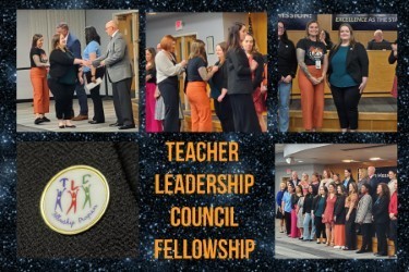 black background with pictures of various teachers receiving an award in the bps boardroom and the words teacher leadership council fellowship