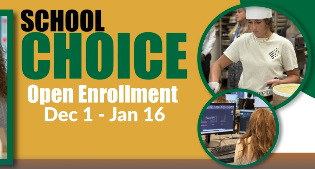 yellow background with green accents and the words school choice open enrollment dec 1 - jan 16