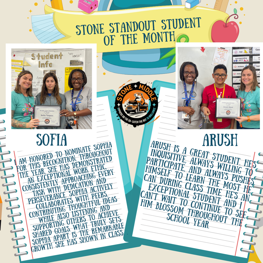 beige background with pictures of notebook paper, scissors and an apple. image of sofia holding a certificate with ms. Shaw and Ms. Williams. Also an image of Arush holding a certificate with Ms. Shaw and Ms. Williams. Includes information about what makes them both so great.