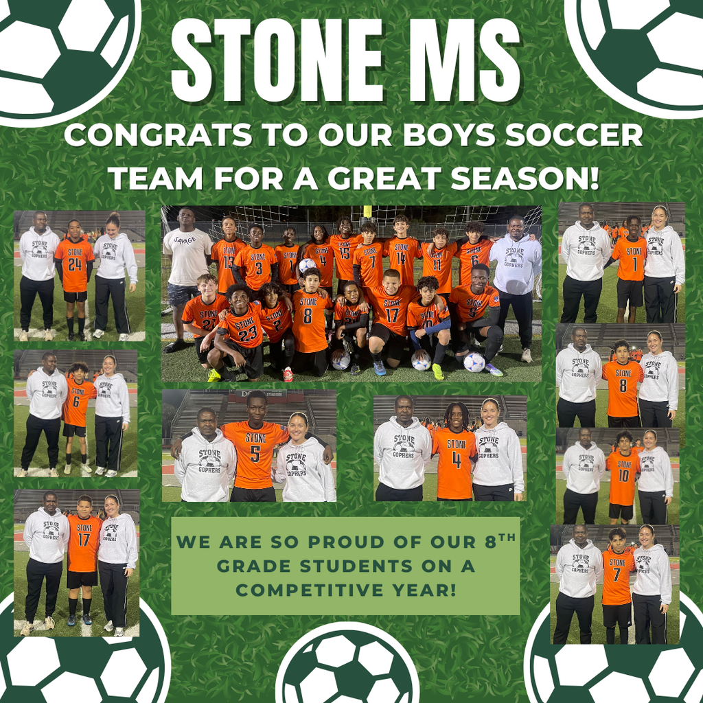 Green background with white soccer balls and images of the Stone boys soccer players.