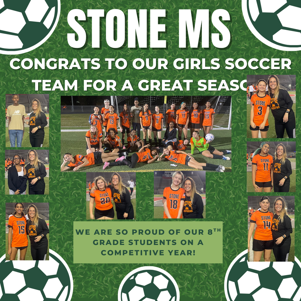 Green background with white soccer balls and images of the Stone girls soccer players.