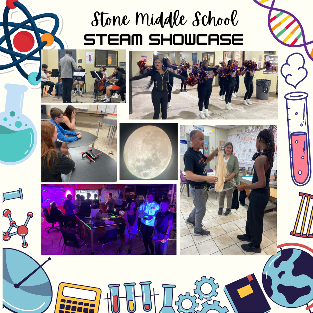 Steam 2 beige background with science symbols and pictures of students at Middle school expo night.
