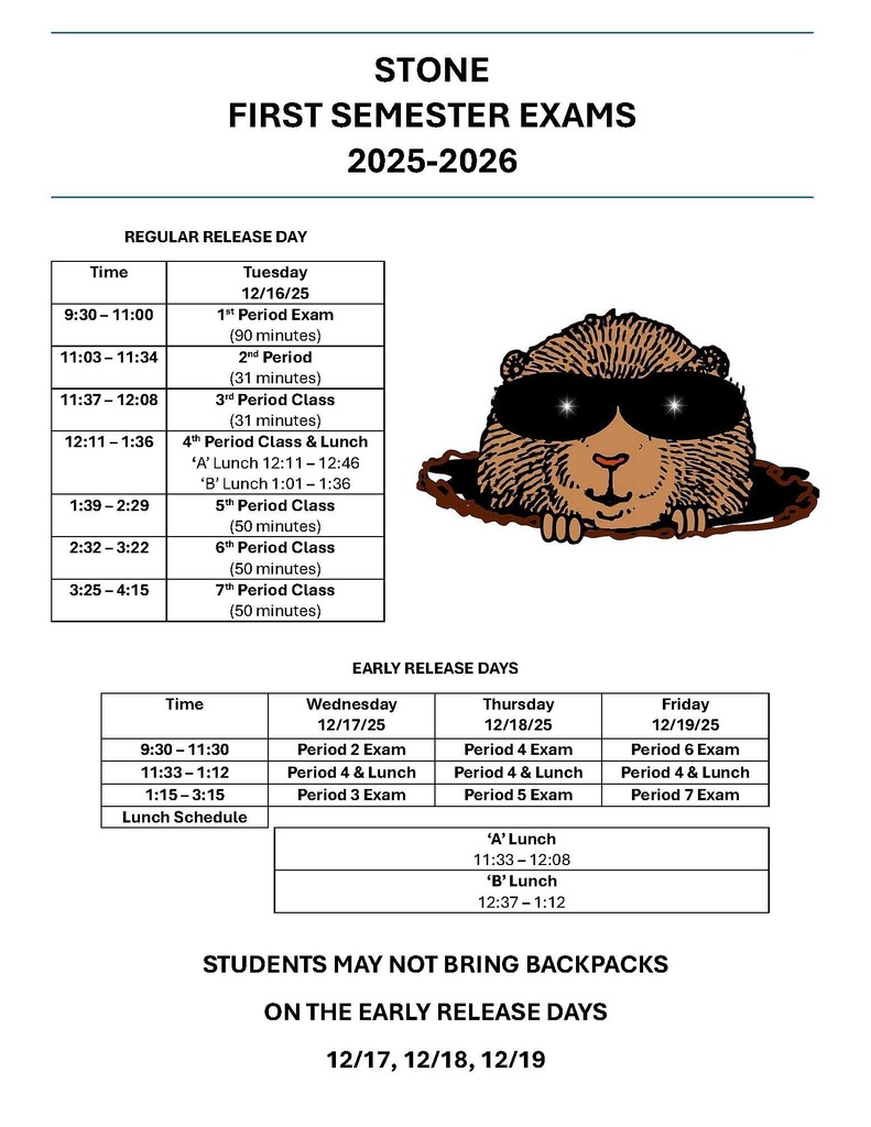 2025-26 SMMS - Winter Exam Schedule white background with gopher logo and the following information Winter Semester Exams will begin Tuesday, December 16 (regular release) for period 1 exam. Then the remainder of the exam days will be early release at 3:15pm as follows: Wednesday, December 17 periods 2 and 3; Thursday, December 18 Periods 4 and 5; Friday, December 19 Periods 6 and 7. STUDENTS MAY NOT BRING BACKPACKS ON THE EARLY RELEASE DAYS: 12/17, 12/18, 12/19.