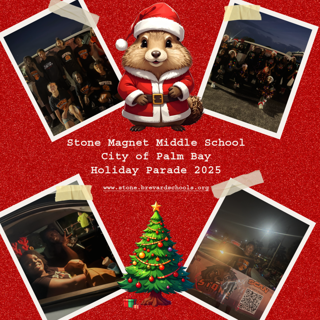 Red background with a cartoon gopher wearing a santa suit and a christmas tree with pictures of students a the Holiday Parade with the words Stone Magnet MIddle School City of Palm Bay Holiday Parade 2025 and a link to the website www.stone.brevardschools.org