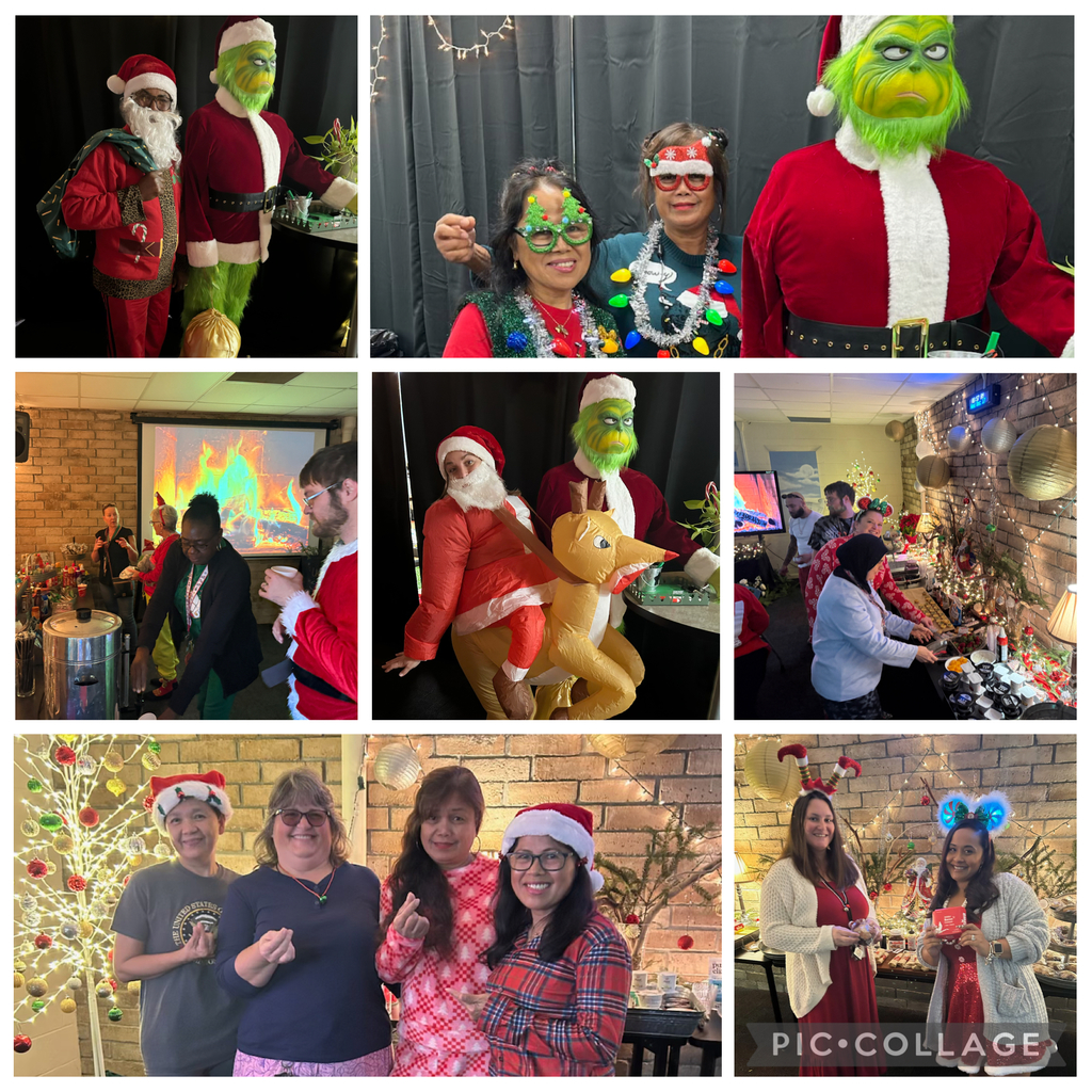 Holiday Mornings 2025 pictures of different staff dressed up in holiday outfits eating food.