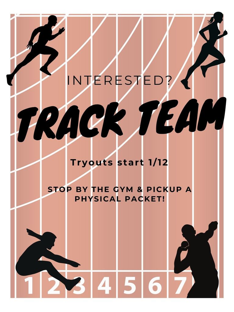 peach background with silouhettes of track participants on top of a graphic design track with the words track team tryouts start 1/12 stop by the gym and pick up a physical packet.