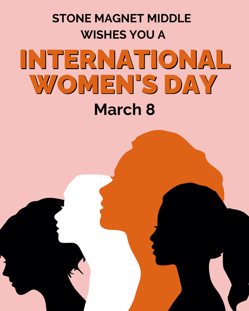 pink background with silhouettes of women and the words international women's day march 8.;