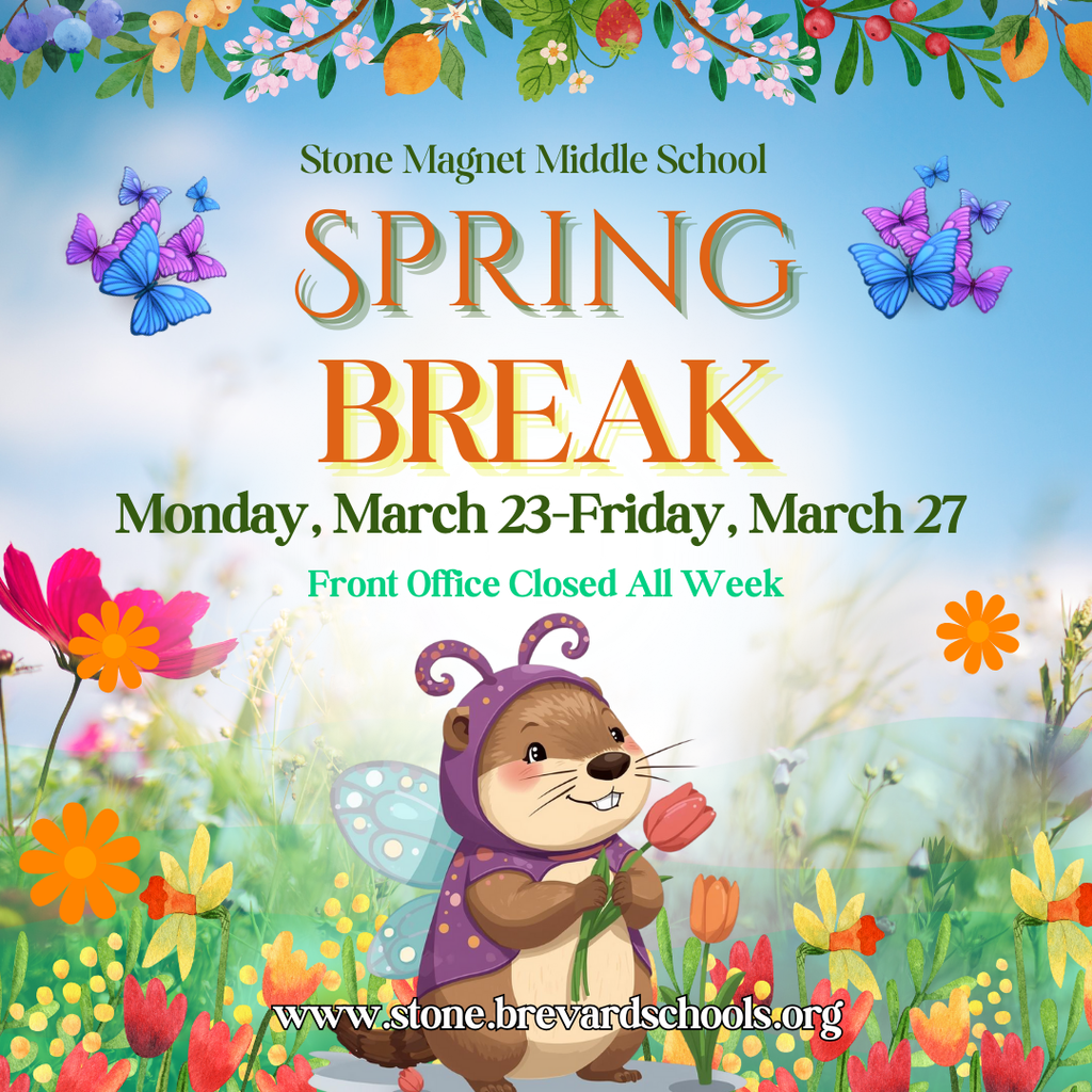 blue background with butterflies, flowers and a gopher dressed as a butterfly with the words stone spring break march 23-27 front office closed all week