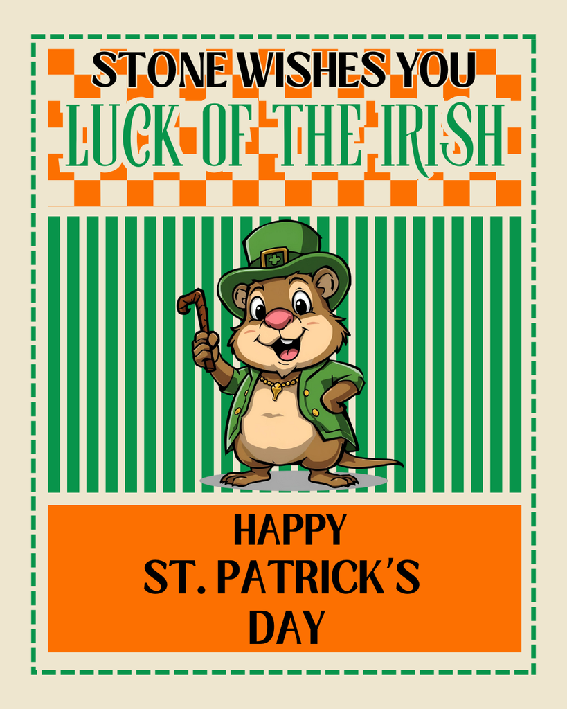 beige background with green stripes, orange checkers, a gopher dressed as a leprechaun and the words stone wishes you luck of the irish. happy st. patrick's day. 
