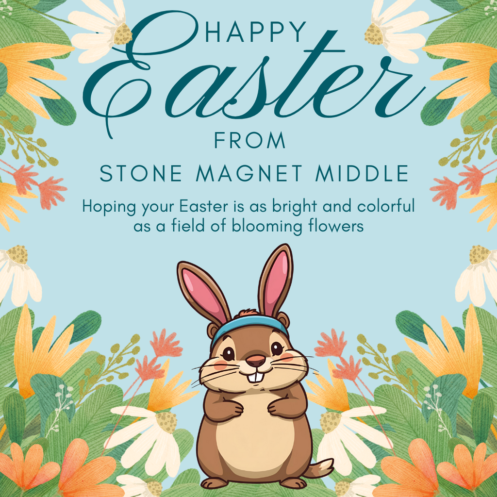 light blue background with flowers and a gopher dressed like an easter bunny. the words happy easter from stone magnet middle hoping your easter is as bright and colorful as a field of blooming flowers.