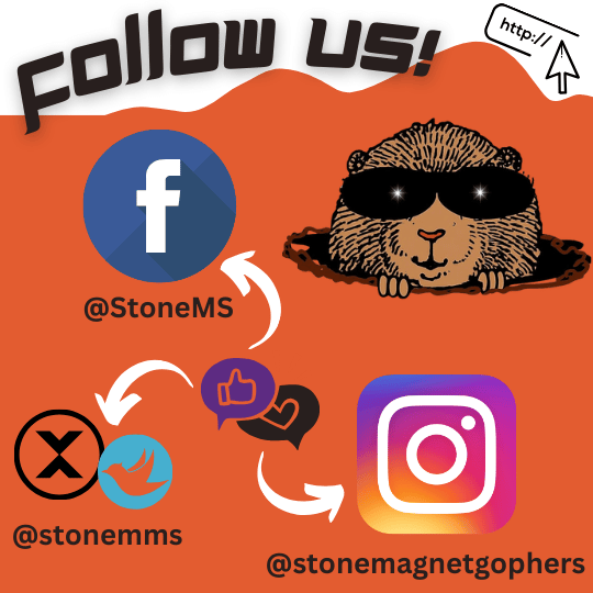 national social media day. orange and white background with the words follow us! stone gopher logo and social media logos and tags.